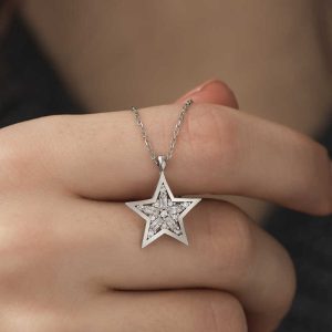 925 Ayar Gümüş Baget Taşlı Yıldız Kadın Gümüş Kolye T5224 (538538) - Görsel 4