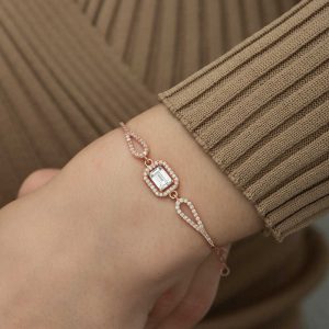 925 Ayar Gümüş Rose Dikdörtgen Baget Bileklik T5240 (538538) - Görsel 3