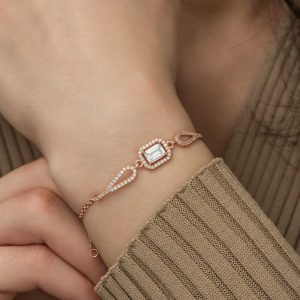 925 Ayar Gümüş Rose Dikdörtgen Baget Bileklik T5240 (538538) - Görsel 4