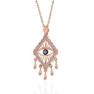 925 Ayar Gümüş Rose Nazarlı Göz Kolye T7365 (538538) - Görsel 3