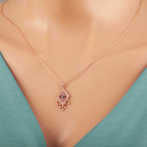 925 Ayar Gümüş Rose Nazarlı Göz Kolye T7365 (538538) - Görsel 4